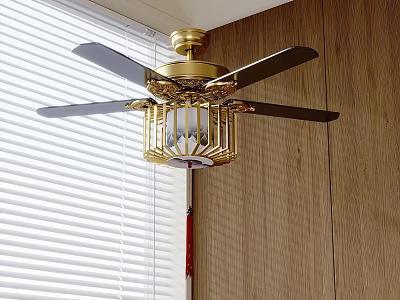Elegant Golden Ceiling Fan Light with Black Blades and Wooden Wall Interior 3d model