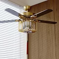 Elegant Golden Ceiling Fan Light with Black Blades and Wooden Wall Interior
