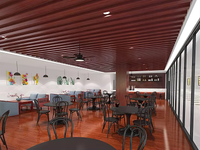 Modern Tea House Interior Featuring Wooden Ceiling Hanging Lights Tables Chairs and Wall Decorations 3d model