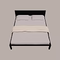 Double Bed with Black Headboard Metal Frame Light Gray Mattress Pillows and Blanket