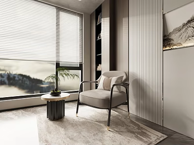 Modern Single Sofa with Window Blinds Mountain View Round Table Potted Plant and Striped Wall 3d model