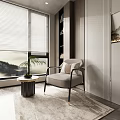 Modern Single Sofa with Window Blinds Mountain View Round Table Potted Plant and Striped Wall