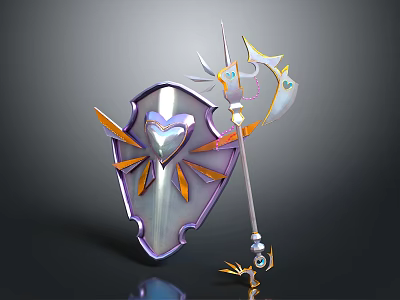 Purple Shield And Decorative Staff With Heart Shaped Emblem And Ornate Details 3d model
