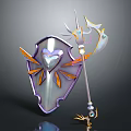 Purple Shield And Decorative Staff With Heart Shaped Emblem And Ornate Details