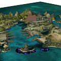 Scenic Landscape With Green Mountains Rocky Shores Water And Buildings