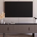Modern Gray TV Stand with Decorative Vase Pampas Grass Books and Mounted TV on Wall