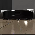 Smart Automatic Robot Vacuum Cleaning Colorful Dust Particles On Wooden Floor