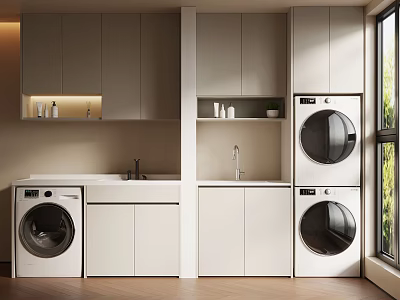Modern Laundry Room Interior With Washing Machine Dryer Cabinets And Sink 3d model