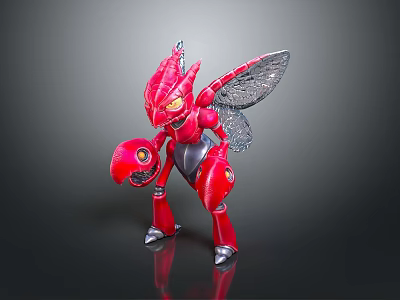 Red Mechanical Insect Game Movie Character Standing With Transparent Silver Wings 3d model