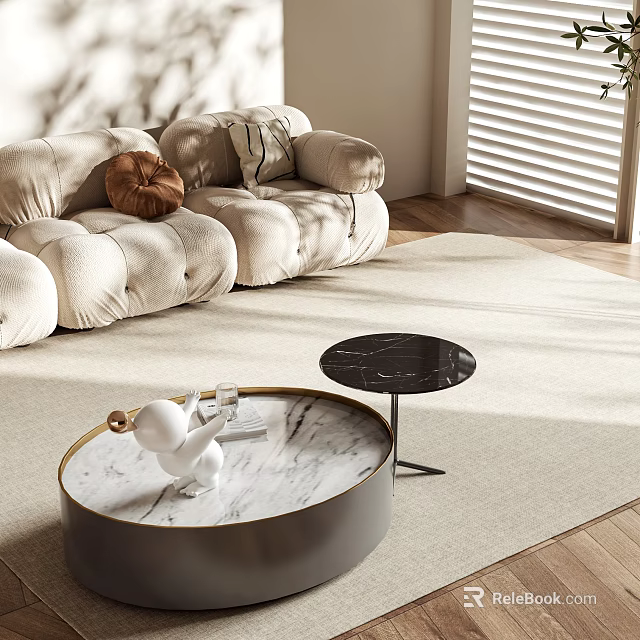 Modern Round Marble Coffee Table In Sunlit Living Room With Cream Sofa And Beige Rug 3d model 