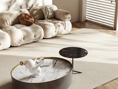 Modern Round Marble Coffee Table In Sunlit Living Room With Cream Sofa And Beige Rug 3d model