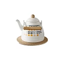 Stylish White Tea Set With Wooden Handle Black Orange Geometric Patterns And Woven Coasters