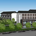Mixed Style Building Complex With Traditional Modern Architecture Green Landscaping And Trees