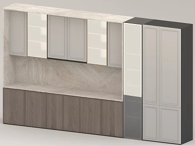 Modern Kitchen Cabinets With Upper Glass Doors Lower Wooden Panels And Marble Backsplash 3d model