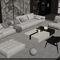 Modern Beige Sofa Coffee Table Set With Ottoman Pillows Throw Blanket And Woven Rug