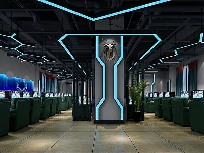 Modern Tech Gaming Cafe Interior With Spacious Space Blue Lighting Gaming Chairs And Computers 3d model