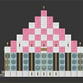 Cute Pixel Art Building With Pink White Checkered Roof And White Base Structure