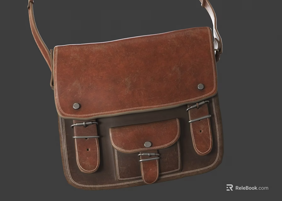Vintage Brown Leather Bag With Adjustable Shoulder Strap And Multiple Pockets 3d model 
