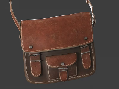 Vintage Brown Leather Bag With Adjustable Shoulder Strap And Multiple Pockets 3d model