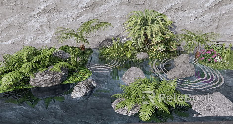 Modern landscape sketch courtyard plant sketch fern kidney fern moss landscape stone plant waterscape model