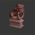 Traditional Stone Lion Statue With Intricate Carved Details On Decorative Pedestal