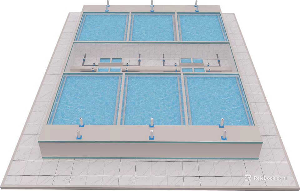Functional Blue Rectangular Building Pools With White Borders And Tile Floor Structure 3d model 