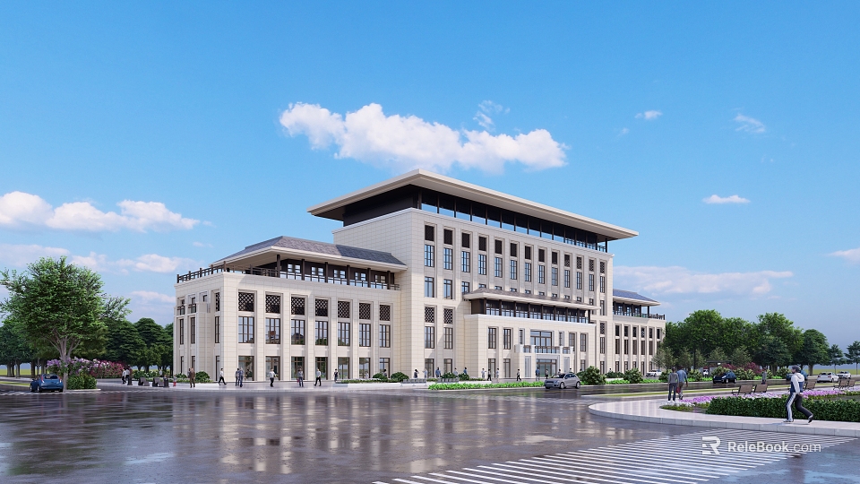 Modern Office Building Architecture With Beige Facade Large Windows Open Square Trees And Reflective Ground 3d model 