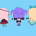 Cute Cartoon Characters with Blonde Purple Pink Hair Green Bow Red Flower and Colorful Dresses