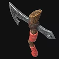 Decorative Medieval Axe With Ornate Metal Head And Red Wrapped Wooden Handle