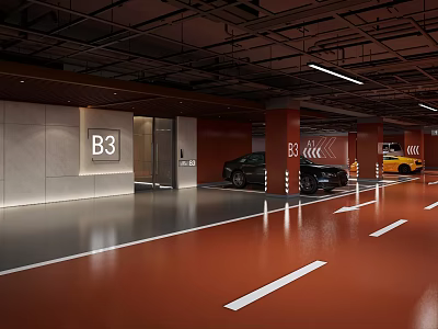 Modern Underground Parking Garage B3 Level with Elevator Entrance Marked Floors and Parked Vehicles 3d model