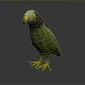 Green Parrot With Yellow Beak And Claws Standing On Dark Background