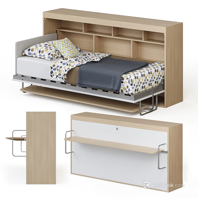 Single Bed Featuring Wooden Bookshelf Headboard Patterned Pillows Dark Comforter And Modern Metal Frame 3d model 
