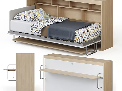 Single Bed Featuring Wooden Bookshelf Headboard Patterned Pillows Dark Comforter And Modern Metal Frame 3d model
