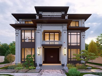 Modern Elegant Detached Villa Exterior With Large Windows Dark Door Stone Steps And Landscaped Gardens 3d model