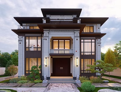 Modern Elegant Detached Villa Exterior With Large Windows Dark Door Stone Steps And Landscaped Gardens 3d model