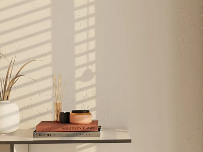 Decorative Ornament Set with White Vase Dried Grass Aromatic Candle Books and Sunlight Blinds Shadows 3d model