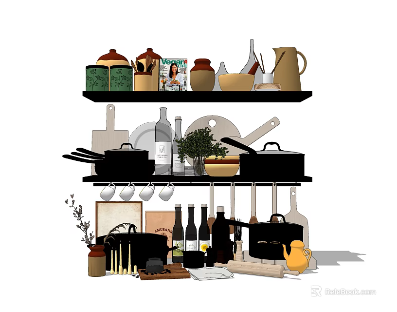 Organized Kitchen Shelves With Pans Pitchers Bottles Utensils And Decorative Plants 3d model 