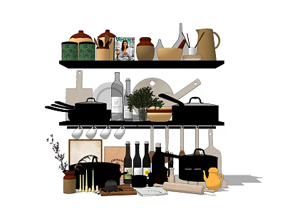 Organized Kitchen Shelves With Pans Pitchers Bottles Utensils And Decorative Plants 3d model