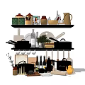 Organized Kitchen Shelves With Pans Pitchers Bottles Utensils And Decorative Plants