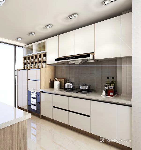 Modern Kitchen Interior Design With White Cabinets Countertop And Appliances 3d model