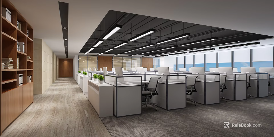 Modern Public Office Area With Open Layout Workstations Office Chairs And Windows 3d model