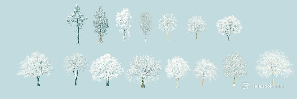 Snow Covered Trees Against Light Blue Background With Various Shapes And Sizes 3d model 