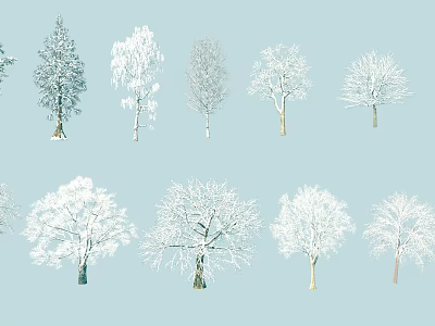 Snow Covered Trees Against Light Blue Background With Various Shapes And Sizes 3d model
