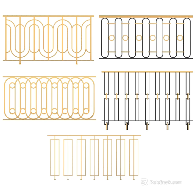 Stylish Staircase Railing Designs With Gold Black Finishes And Intricate Patterns 3d model 