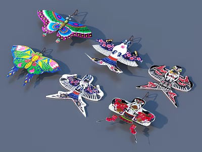 Vibrant Colorful Decorative Kites Butterfly And Bird Shaped With Intricate Patterns 3d model