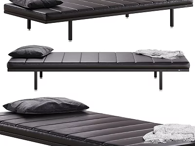 Comfortable Black Leather Chaise Lounge With Soft Pillow And Cozy Blanket Design 3d model