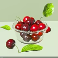 Ceramic Bowl Filled With Fresh Red Cherries And Green Leaves On A Neutral Surface
