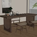 Wooden Tea Table and Chairs with Teapot Cups Green Plant and Window in Modern Room