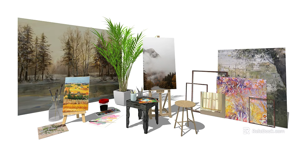 Art Supplies and Musical Instruments with Easels Canvas Paints Brushes and Potted Plant 3d model 
