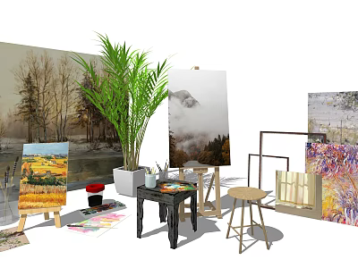 Art Supplies and Musical Instruments with Easels Canvas Paints Brushes and Potted Plant 3d model